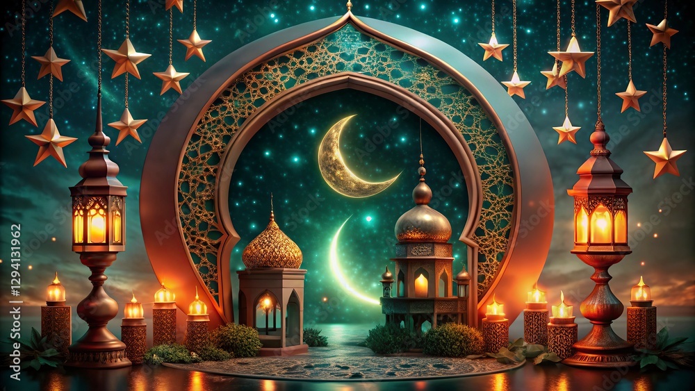 Obraz premium Ramadan Kareem background with mosque and arabic lanterns new background