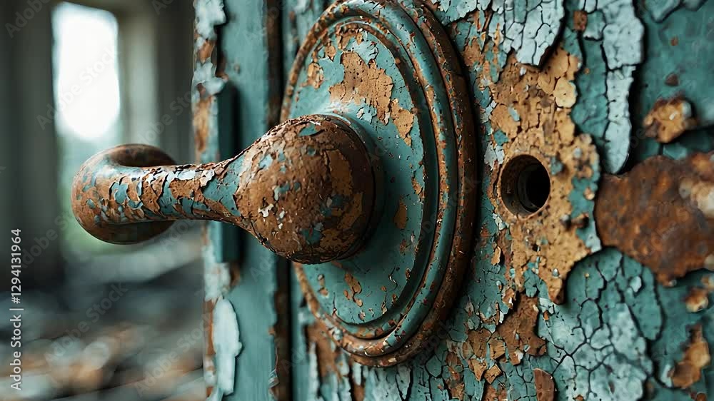 Close-Up of Old Rusty Door Handle with Peeling Paint in Abandoned Building Showing Weathered and Aged Metal Surface
Close-Up of Old Rusty Door Handle with Peeling Paint in Abandoned Building Showing Weathered and Aged Metal Surface