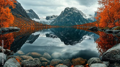 Lake among mountains and forest. Harsh landscape with snow-capped mountains and a clear lake. Lake covered in fog against the backdrop of bare mountains and forest, 4K