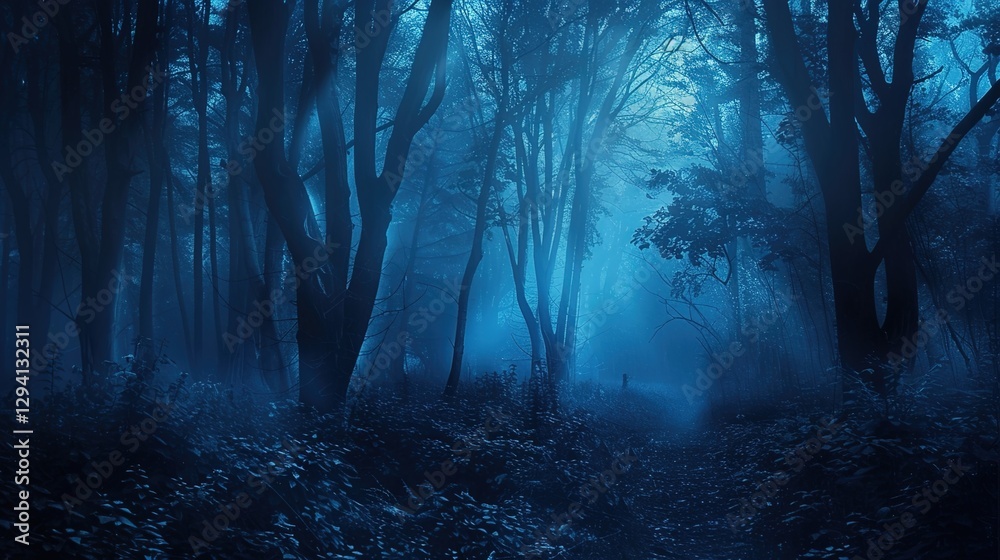Fototapeta premium Enchanted Halloween Magic Forest at Night, Spooky Dark Woods with Glowing Pumpkins, Witchy Moonlit Scene, Mystical Background for Party Invitations, Digital Art