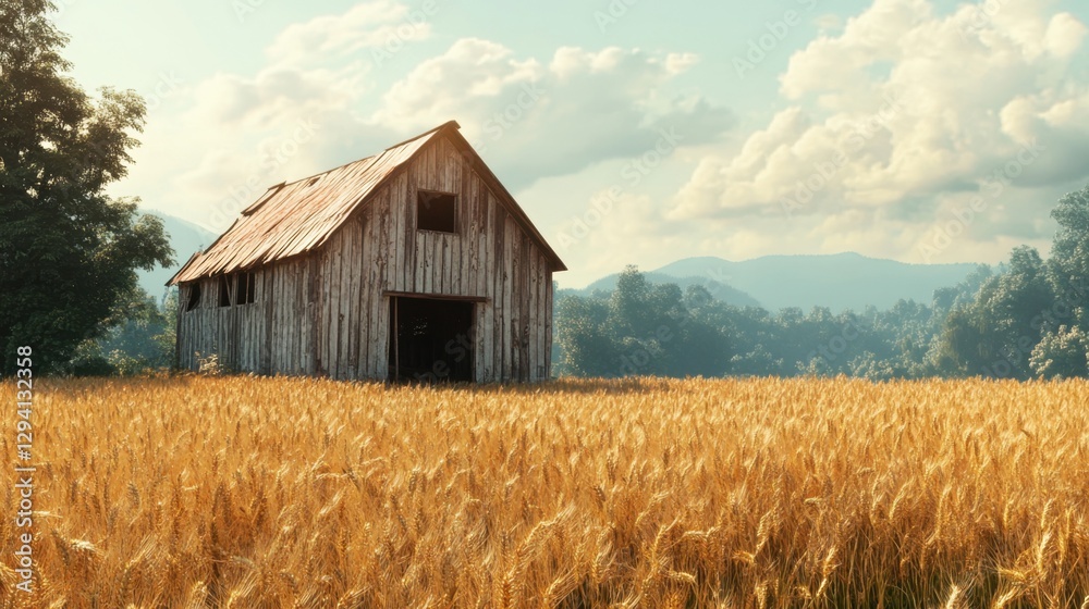 An abandoned wooden barn with sun-bleached timber, set in a golden wheat field, warm countryside aesthetic An abandoned wooden barn with sun-bleached timber, set in a golden wheat field, warm countryside aesthetic