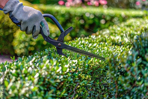 Gardener trims boxwood hedges with shears in a lush garden setting