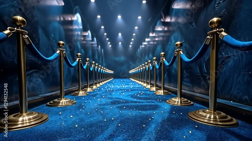 Corridor leading forward. Movement forward to the entrance along a carpeted path with railings on the sides.