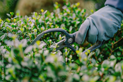 Gardener using shears to trim green bushes in a sunny outdoor garden