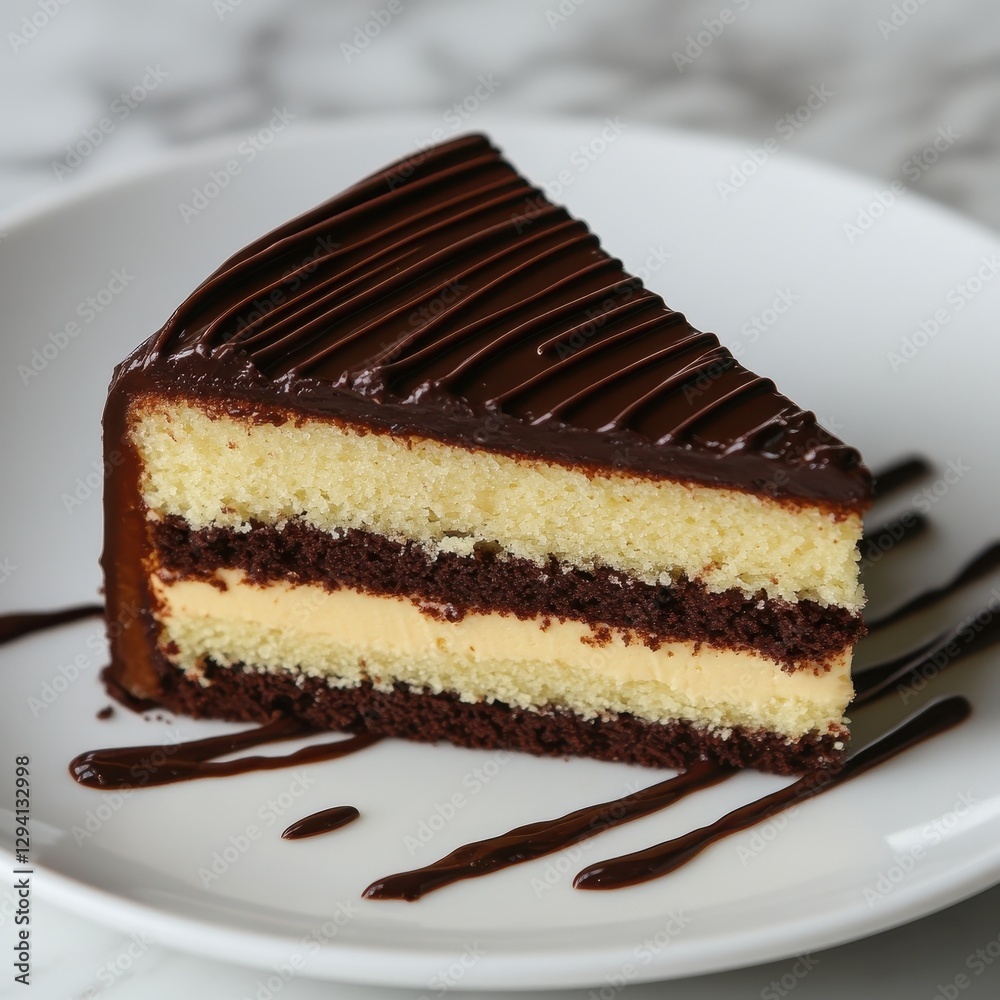 A slice of Opela cake topped with a rich, glossy chocolate ganache drizzle, creating a decadent look. A slice of Opela cake topped with a rich, glossy chocolate ganache drizzle, creating a decadent look.