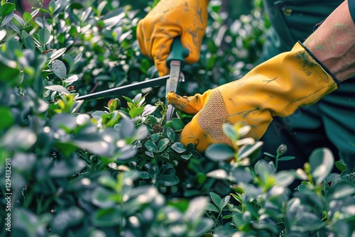 Gardener wearing gloves uses shears to trim bushes in the garden