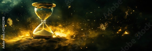 An ancient hourglass floating in a dark void, sand turning into golden energy, symbols of lost civilizations appearing