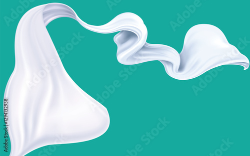 A flowing, white fabric is depicted against a solid teal background. The fabric appears to be swirling and twisting, creating a dynamic and fluid shape. The white fabric has subtle shading