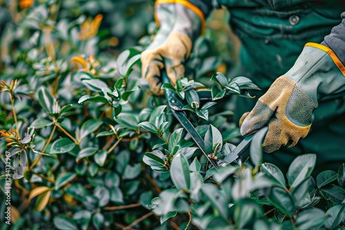 Gardener trimming green foliage with shears during bright daylight