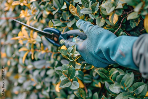 Gardener trims hedge with shears while wearing gloves in lush greenery