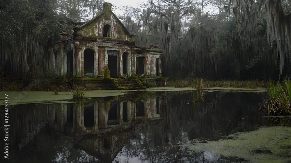 Eerie Abandoned Mansion Reflecting in a Still Swamp Mossy Trees Overgrown Nature Eerie Abandoned Mansion Reflecting in a Still Swamp Mossy Trees Overgrown Nature