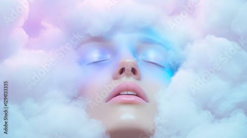 Serene face emerges through soft, colorful clouds, radiating tra