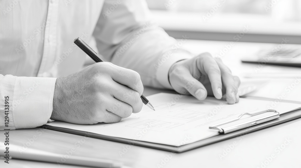 Fototapeta premium Close-up of a businessman writing notes with a pen on a clipboard, symbolizing planning and organization in a work setting.