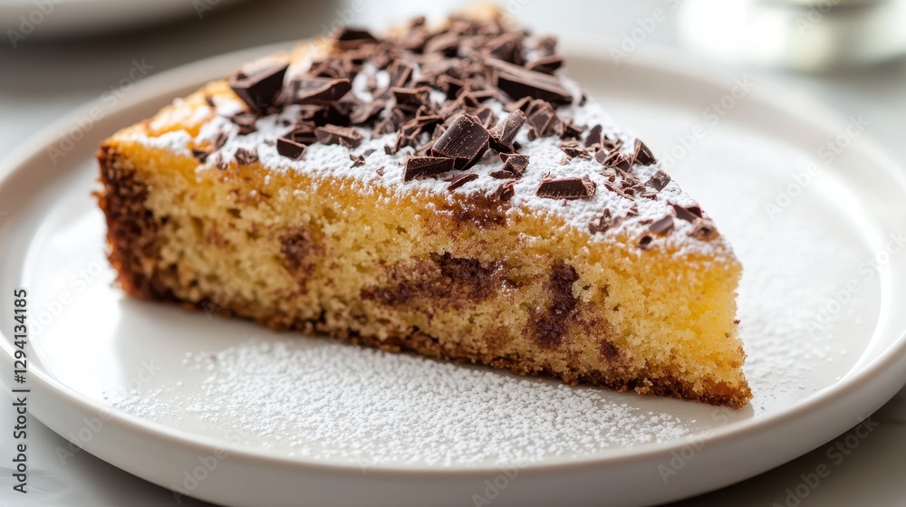 A slice of Spanish praline cake topped with fine dark chocolate shavings and a touch of powdered sugar. A slice of Spanish praline cake topped with fine dark chocolate shavings and a touch of powdered sugar.