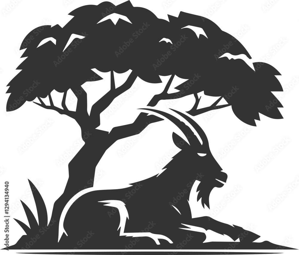 Goat dozing off under a tree animal vector silhouette