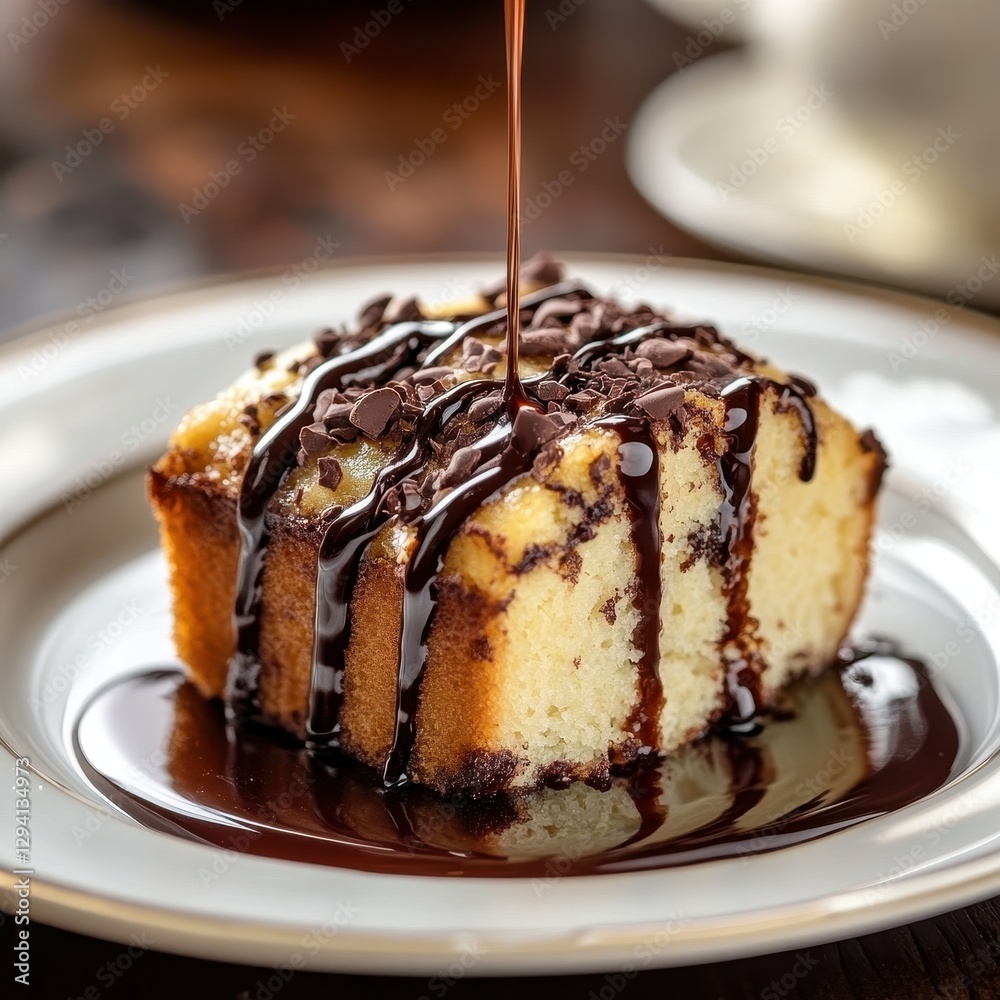 A slice of syrup muffin pudding, drizzled with rich chocolate syrup, adding a decadent touch to the dish. A slice of syrup muffin pudding, drizzled with rich chocolate syrup, adding a decadent touch to the dish.