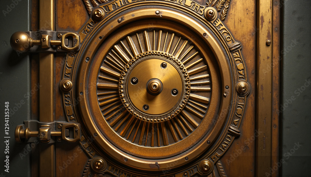 Intricate brass door with glowing keyholes, mystery revealed Intricate brass door with glowing keyholes, mystery revealed