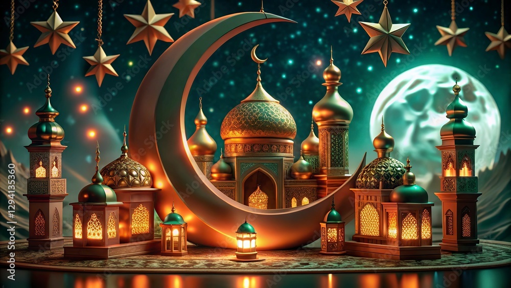 Obraz premium Ramadan Kareem background with mosque and arabic lanterns new background