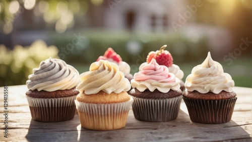 A delightful assortment of cupcakes with swirled frosting in shades of gray, beige, pink, and white. One cupcake is topped with a raspberry, all displayed on a wooden table in a sunlit garden setting