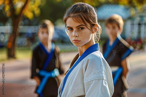 Girl in white karate outfit practices with blue belt and peers confidently