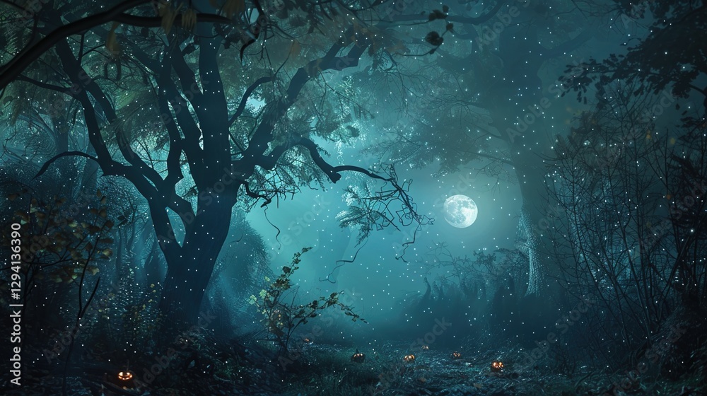 Fototapeta premium Enchanted Halloween Magic Forest at Night, Spooky Dark Woods with Glowing Pumpkins, Witchy Moonlit Scene, Mystical Background for Party Invitations, Digital Art