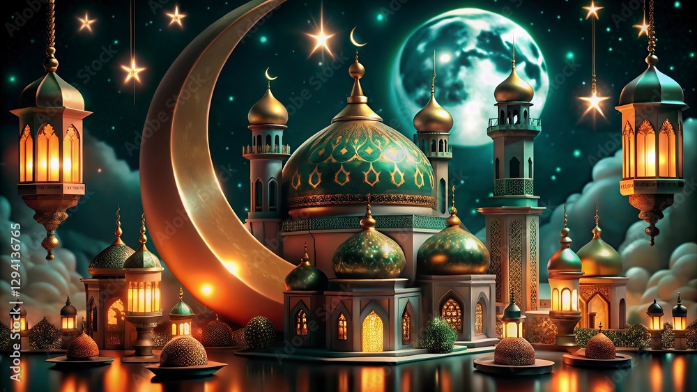 Obraz premium Ramadan Kareem background with mosque and arabic lanterns new background