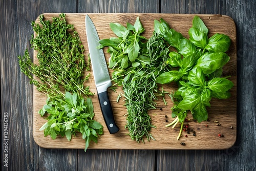 Fresh Herbs and Knife Arranged on Wooden Cutting Board for Cooking