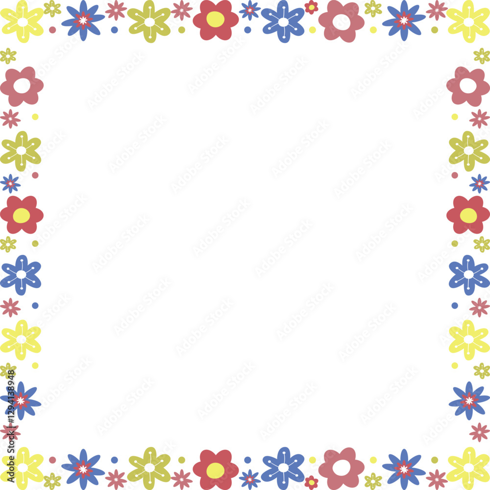 Square frame with colorful flower elements. Trendy graphic template. Cute empty frame box Square frame with colorful flower elements. Trendy graphic template. Cute empty frame box
