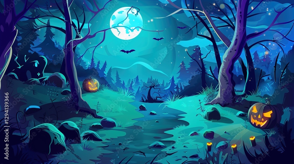 Obraz premium Enchanted Halloween Magic Forest at Night, Spooky Dark Woods with Glowing Pumpkins, Witchy Moonlit Scene, Mystical Background for Party Invitations, Digital Art