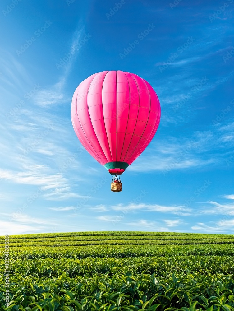 Fototapeta premium Pink hot air balloon floats over vibrant green tea plantation under a clear blue sky.