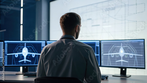 Digital twin technology concept, Engineer analyzing aircraft performance on multiple screens in modern workspace