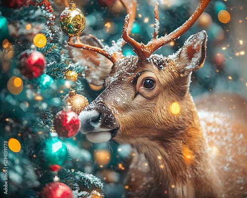 Deer near Christmas tree, festive scene, winter photo