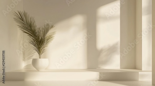 A sleek, minimalist interior with a single elegant potted plant as the focal point on a clean white shelf photo