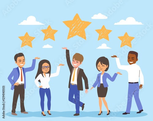 Flat modern illustration of business with 5 star rating symbolizing best quality and satisfactory business. Best user experience and trust concept