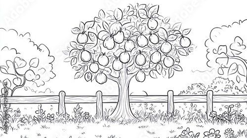 Apple tree in orchard, fenced, sunny day, coloring page