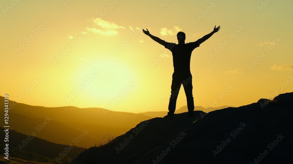 Silhouette of a victorious man standing on a mountain peak with arms raised, symbolizing success, achievement, leadership, and personal growth in a business and motivational concept. Silhouette of a victorious man standing on a mountain peak with arms raised, symbolizing success, achievement, leadership, and personal growth in a business and motivational concept.