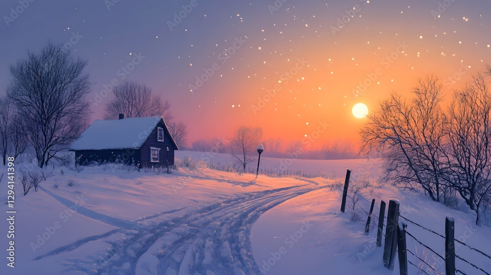Obraz premium Serene Winter Sunset Snow Covered Cabin Snowy Landscape Rural Scene