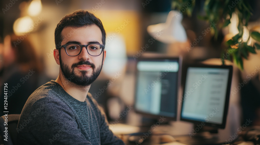 Fototapeta premium Freelancer engaged in e-commerce website redesign in a modern workspace
