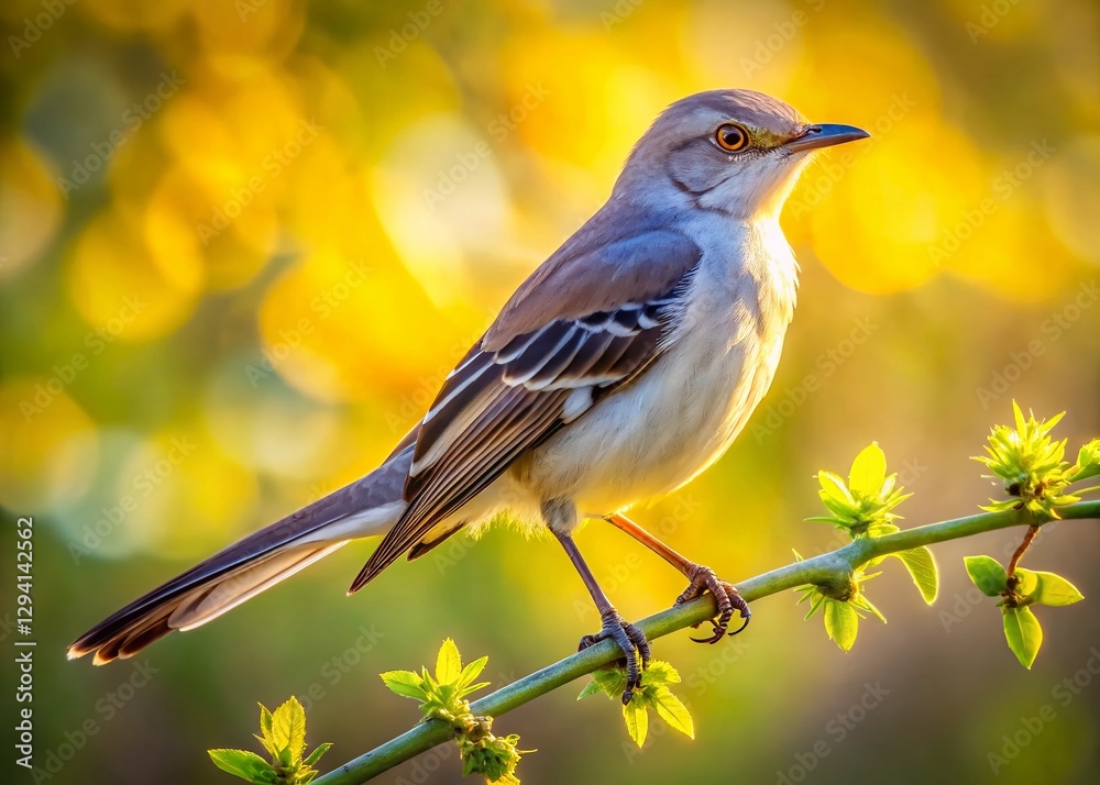 Fototapeta premium Majestic Northern Mockingbird on Branch, Sunlit Feathers, Nature Photography