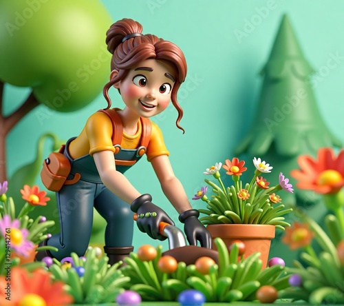 Joyful Gardener Tending Vibrant Flower Garden in Cartoon Style