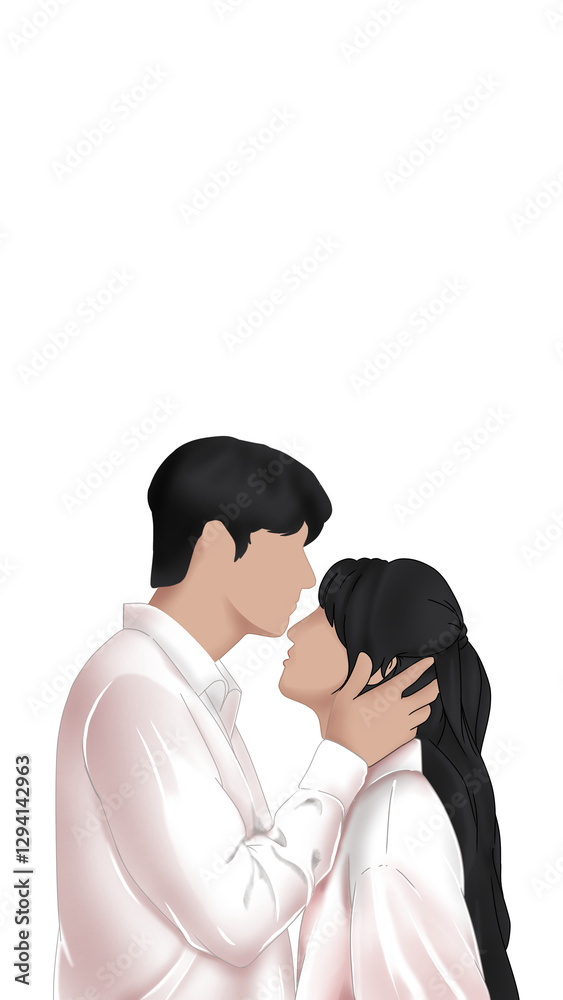 Illustration depicting a loving couple sharing an intimate moment, rendered in a soft style with vivid pastel colors. Perfect for projects focusing on romance, relationships, or heartfelt emotions.