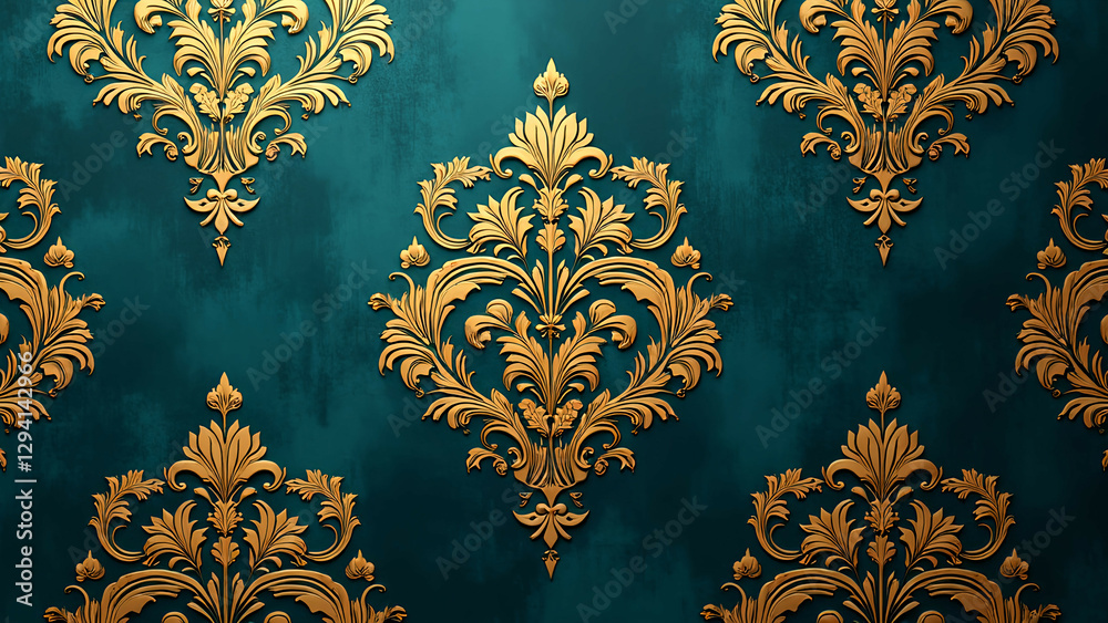 ornate gold floral design, elegant pattern on teal background ornate gold floral design, elegant pattern on teal background