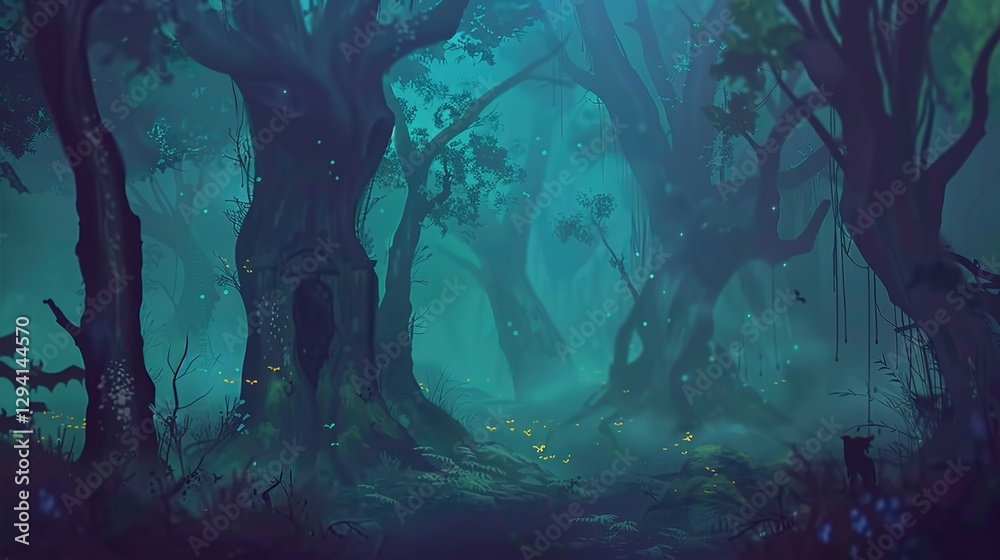Naklejka premium Enchanted Halloween Magic Forest at Night, Spooky Dark Woods with Glowing Pumpkins, Witchy Moonlit Scene, Mystical Background for Party Invitations, Digital Art