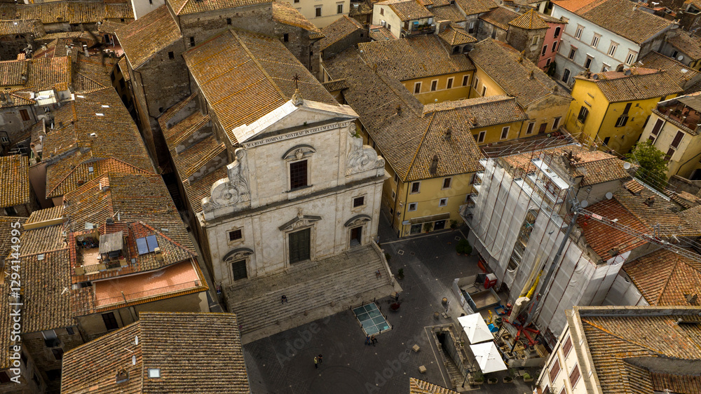 Fototapeta premium Aerial view of the square and main church of Orte, in the province of Viterbo, Lazio, Italy.