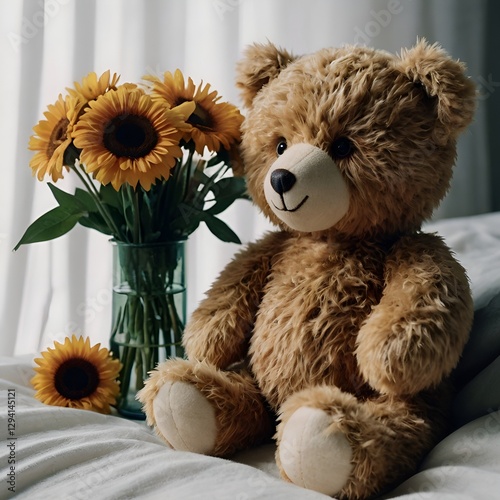A Plush teddy bear with flowers sitting on a bed shot from a low angle to capture the coziness and charm of the Scene.