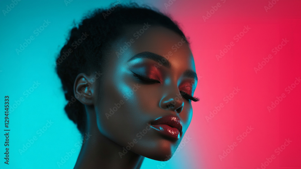 Model showcases sleek makeup and styling in vibrant lighting with a wide angle perspective Model showcases sleek makeup and styling in vibrant lighting with a wide angle perspective