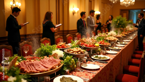 Title: A Lavish Buffet Dinner Setup Against a Warm Golden Backdrop

