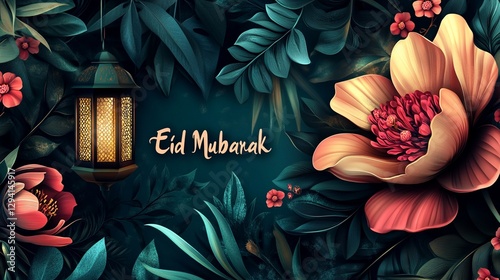 Eid Mubarak background design with flowers and lantern.