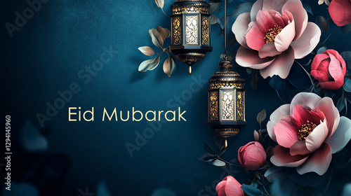 Eid Mubarak background design with flowers and lantern.