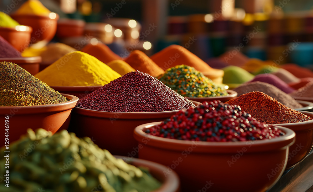 Fototapeta premium A vibrant assortment of spices and herbs in bowls, showcasing different colors and textures in a busy market.